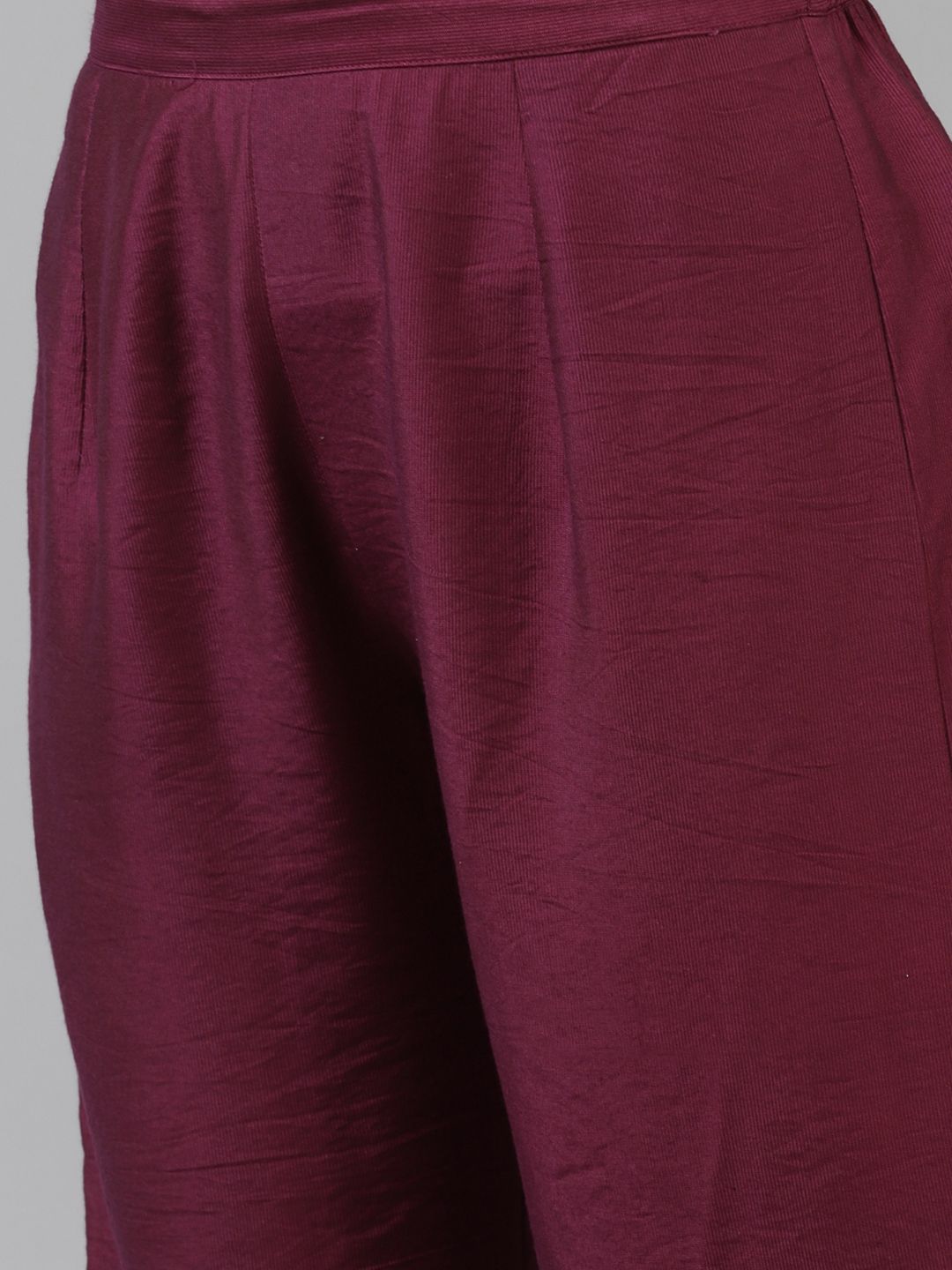 Burgundy & Gold Striped Yoke Thread Work Liva Straight Kurta Trousers & Dupatta