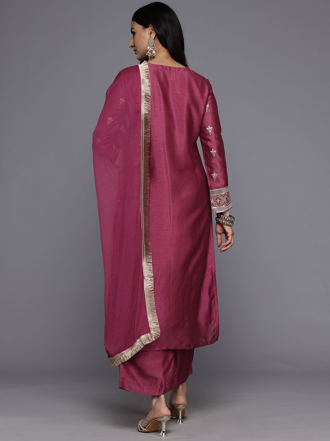 Dhiyona VA Women'sEthnic Motifs Embroidered Zari Kurta With Palazzos & Dupatta