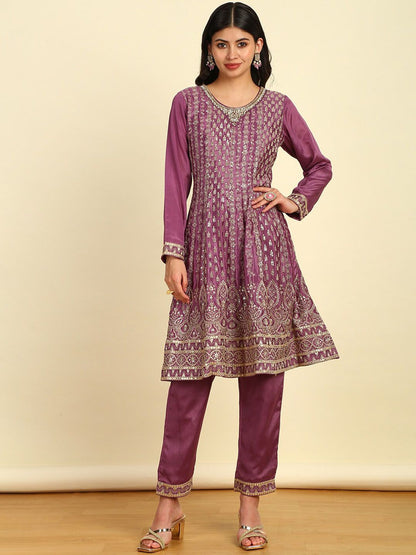 Dhiyona SO Women's Women Floral Embroidered Angrakha Sequinned Kurta with Trousers & With Dupatta