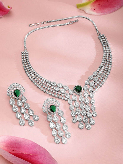 Dhiyona RJ Women's Silver-Plated EmeraldGreen & White CubicZirconia Multilayer Luxurious Jewellery Set