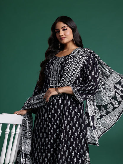 Dhiyona IE Geometric Printed Pure Cotton Kurta with Trousers & Dupatta