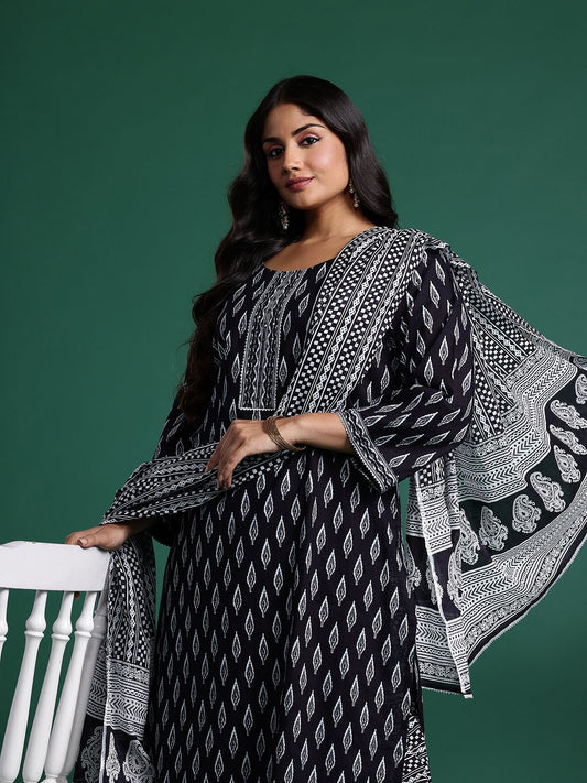 Dhiyona IE Geometric Printed Pure Cotton Kurta with Trousers & Dupatta