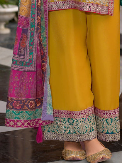 Dhiyona IE Floral Embroidered Round Neck Mirror Work Kura With Palazzos & Dupatta