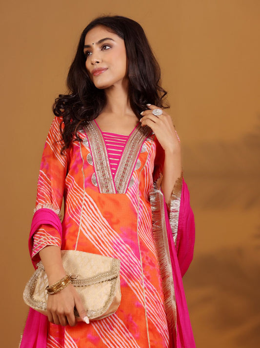 Dhiyona VA Women'sLeheriya Printed Gotta Patti V-Neck Anarkali Kurta With Trousers & Dupatta