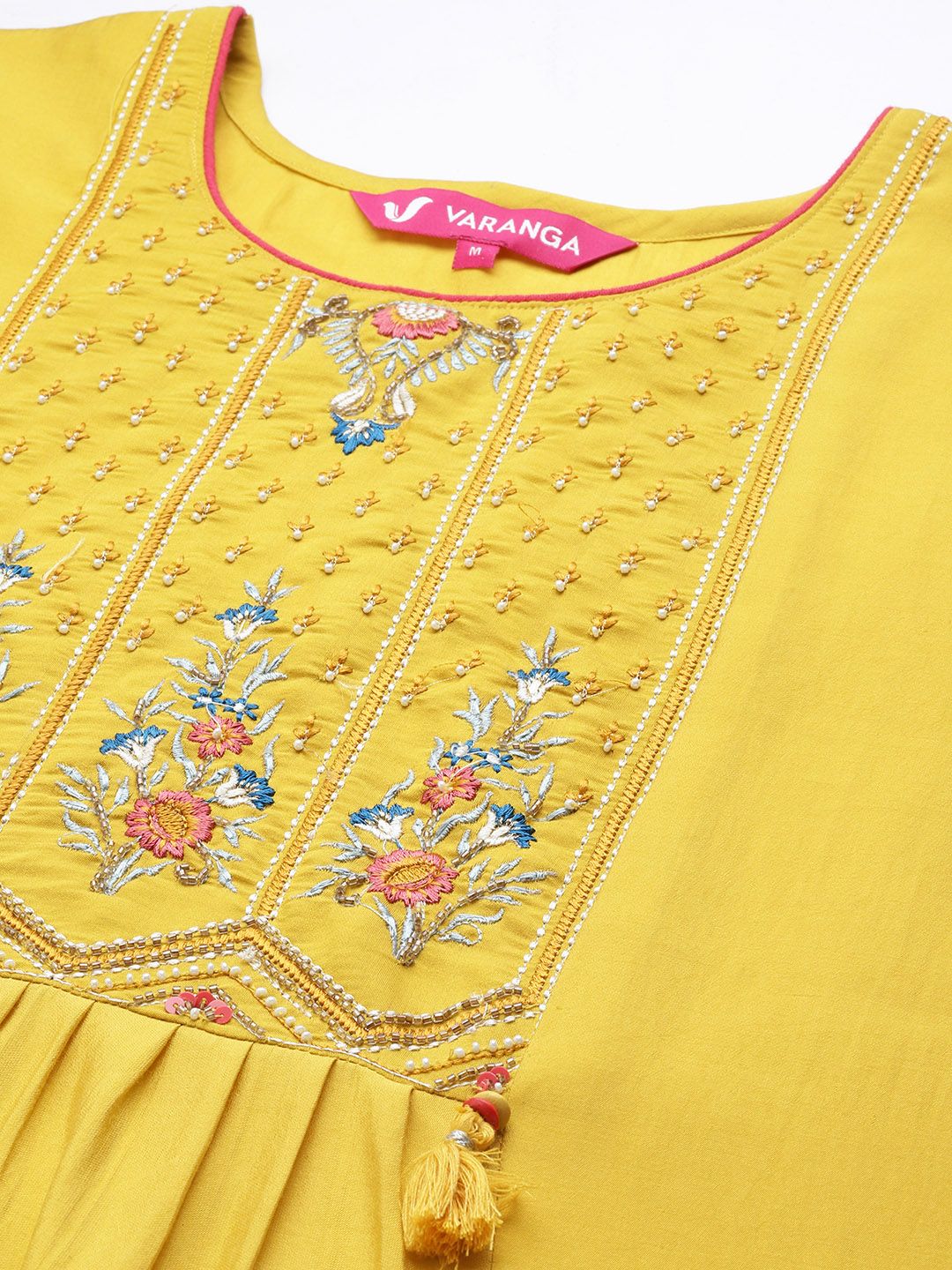 Dhiyona VA Women's Yellow Ethnic Motifs Embroidered Beads and Stones Kurta with Trousers & With Dupatta
