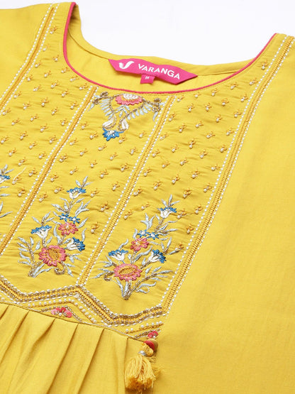 Dhiyona VA Women's Yellow Ethnic Motifs Embroidered Beads and Stones Kurta with Trousers & With Dupatta