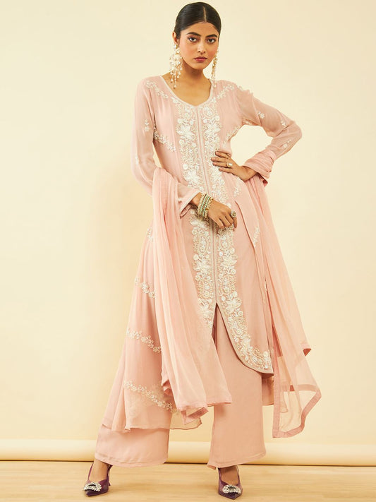 Dhiyona SO Women's Alina Cut Floral Embroidered Beads and Stones Kurta & Palazzos With Dupatta