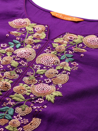 Dhiyona IE Floral Embroidered Sequinned Liva Kurta With Trousers & Dupatta