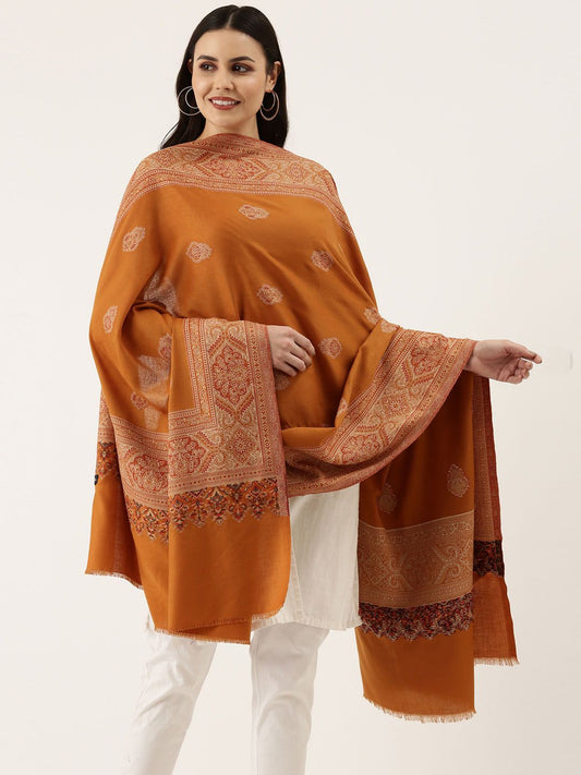 Dhiyona PA Women Mustard Yellow Woven Design Jamawar Shawl