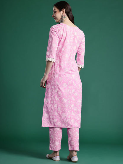 Dhiyona IE Women Floral Printed Regular Pure Cotton Kurta with Trousers
