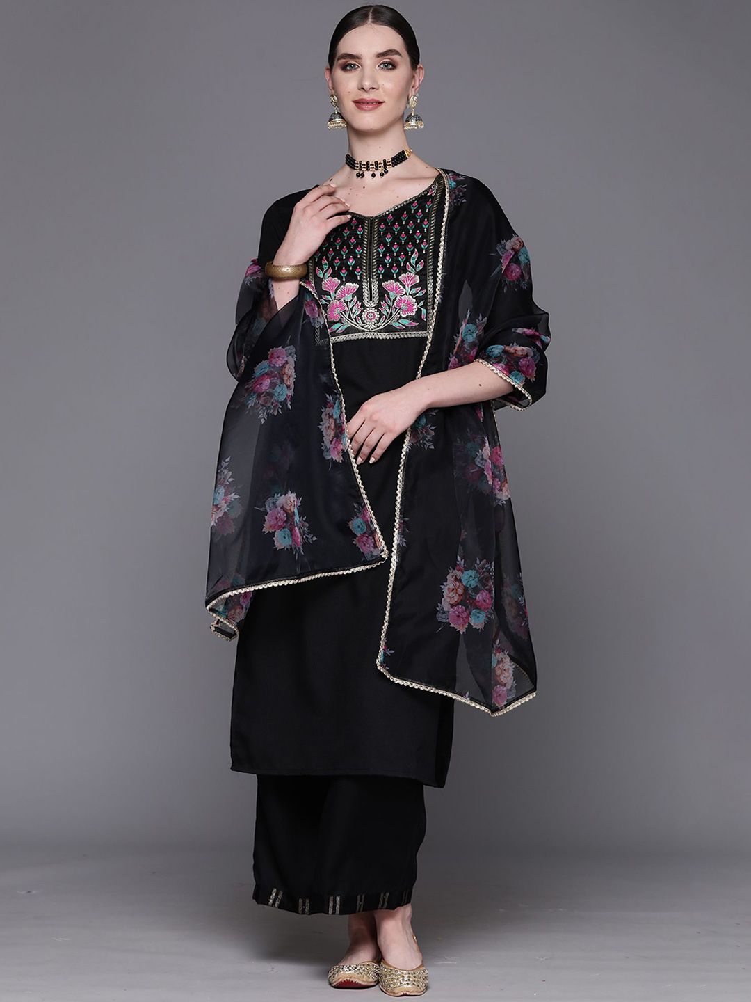 Dhiyona IE Floral Embroidered Pure Cotton Straight Kurta With Palazzos & Dupatta