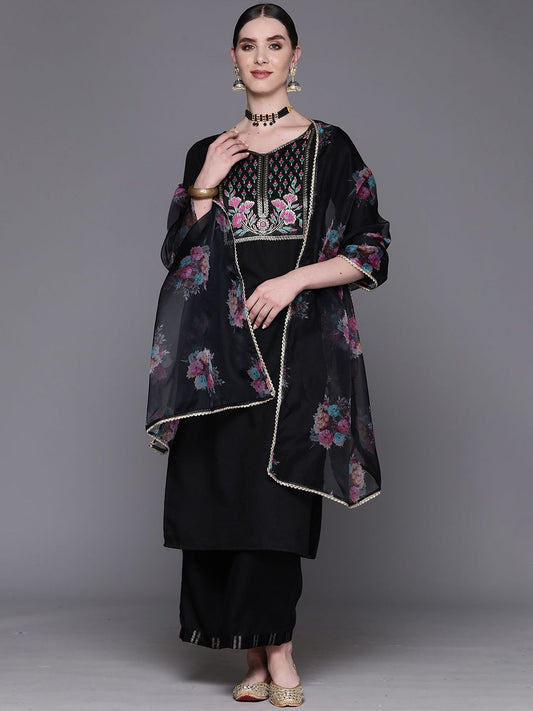 Floral Embroidered Pure Cotton Straight Kurta With Palazzos & Dupatta