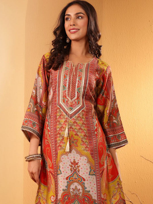 Dhiyona VA Women'sEthnic Motifs Embroidered Gotta Patti Notch Neck Chanderi Silk Kurta With Trousers