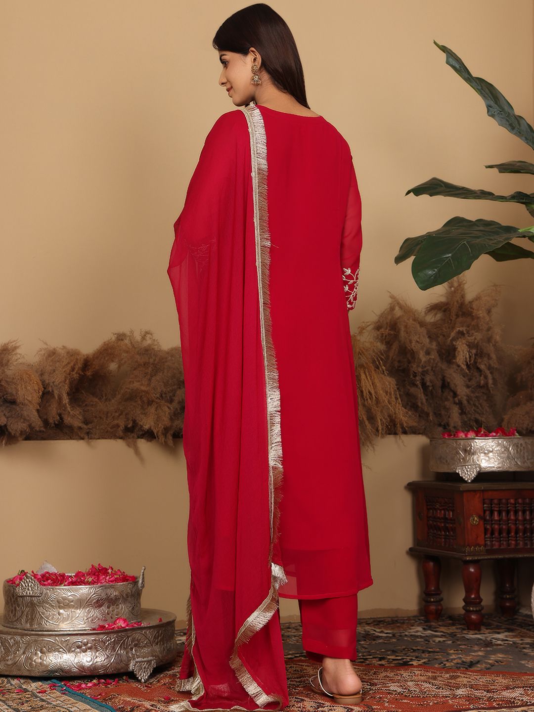 Dhiyona VA Women's Floral Embroidered Silk Georgette A-Line Kurta with Trousers & Dupatta
