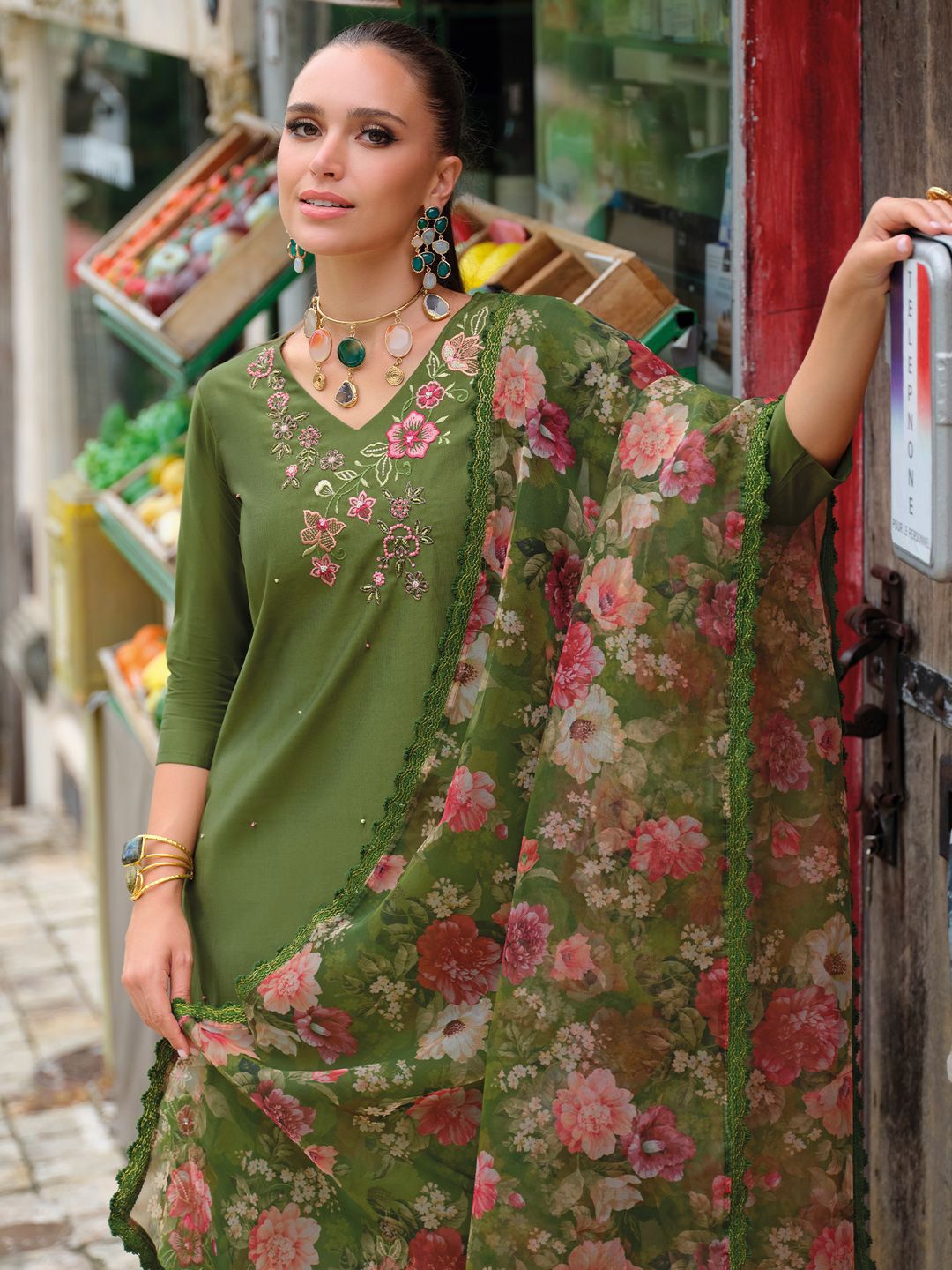 Floral Embroidered V-Neck Thread Work Liva Straight Kurta & Trousers With Dupatta