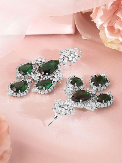 Dhiyona RJ Women's Silver-Plated Emerald Green & Cubic Zirconia Studded Premium Chandelier Earrings