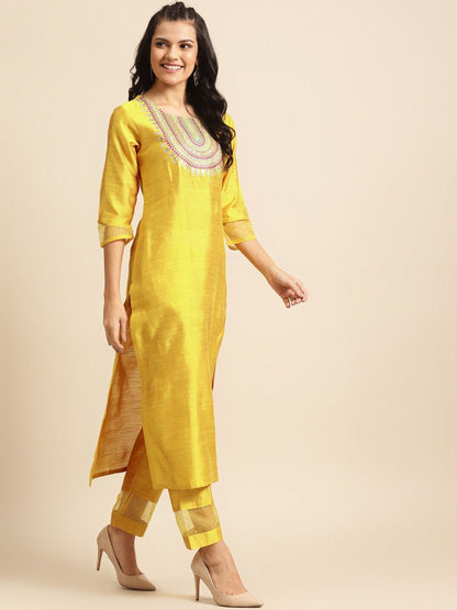 Dhiyona VA Women's Mustard Yellow Embroidered Sequinned Kurta Set with Dupatta
