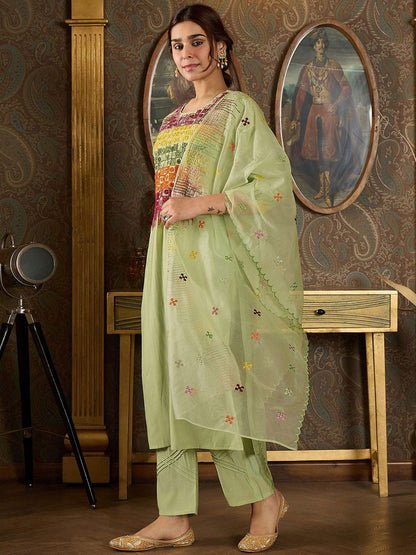 Dhiyona IE Floral Embroidered Mirror Work Straight Kurta With Trousers & Dupatta