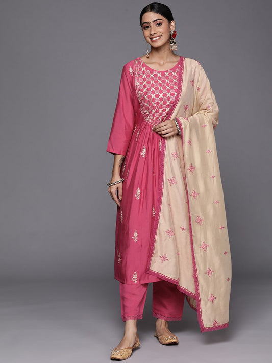 Dhiyona VA Women's Pink Ethnic Motifs Embroidered Thread Work Kurta with Trousers & With Dupatta