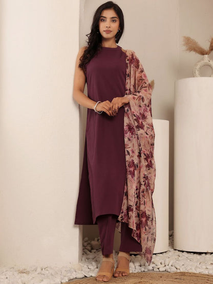 Dhiyona VA Women'sRound Neck Sleeveless Straight Kurta With Trouser And Dupatta