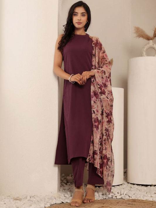 Dhiyona VA Women'sRound Neck Sleeveless Straight Kurta With Trouser And Dupatta