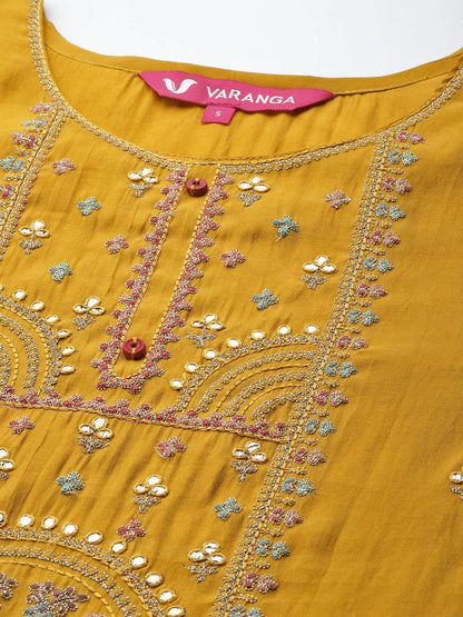 Dhiyona VA Women's Mustard Yellow Ethnic Motifs Embroidered Kurta with Trousers & Dupatta