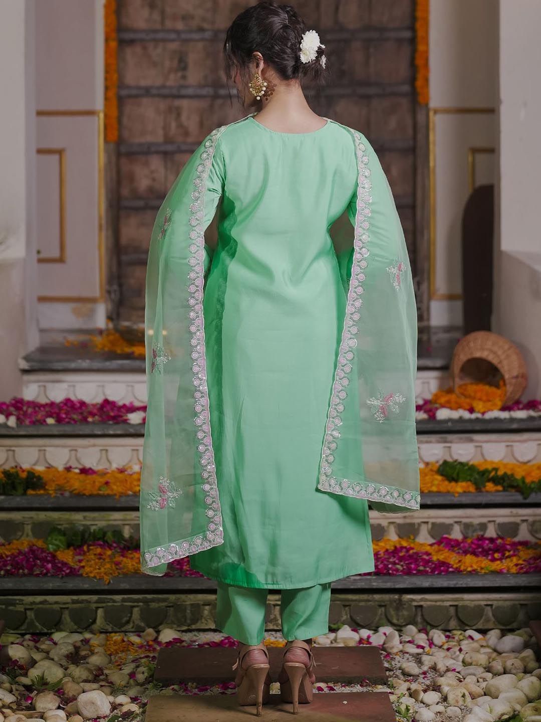 Floral Embroidered Thread Work Kurta With Trousers & Dupatta