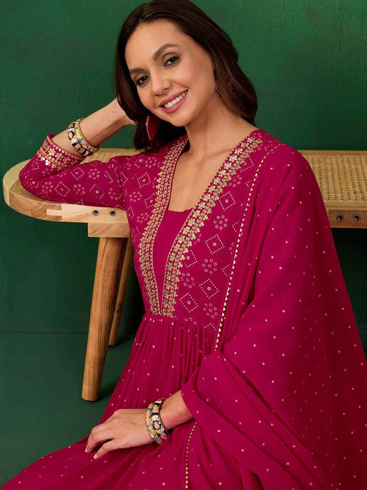 Dhiyona SN Women's Embroidered Bandhani Printed V-Neck Anarkali Kurta With Trousers & Dupatta