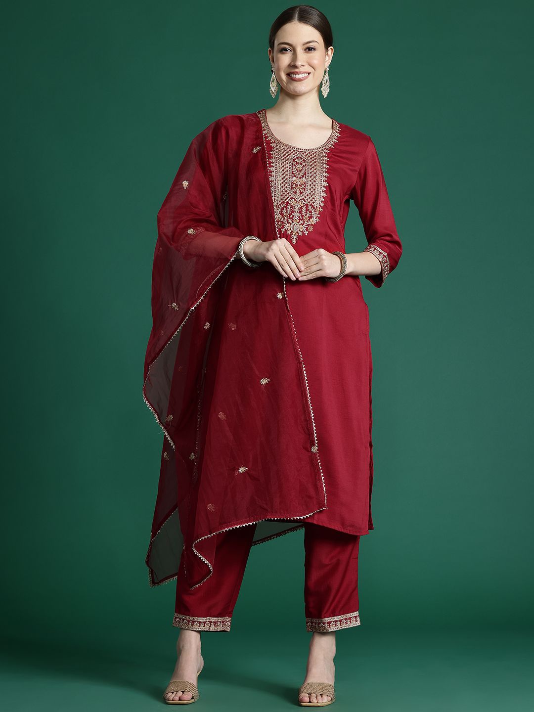 Ethnic Motifs Embroidered Thread Work Kurta With Trousers & Dupatta