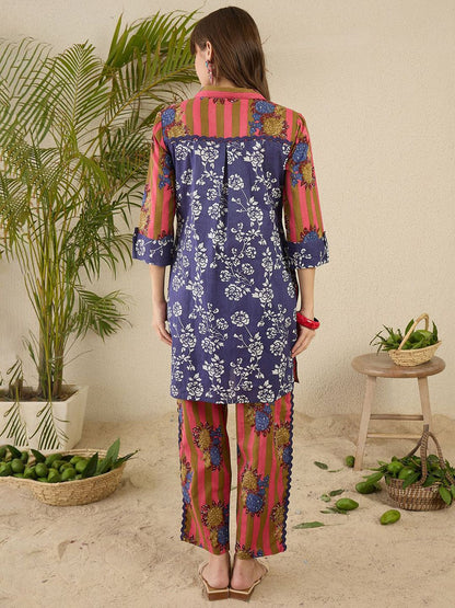 Dhiyona IE Floral Screen Printed Shirt Collar Pure Cotton Straight Kurta With Trousers