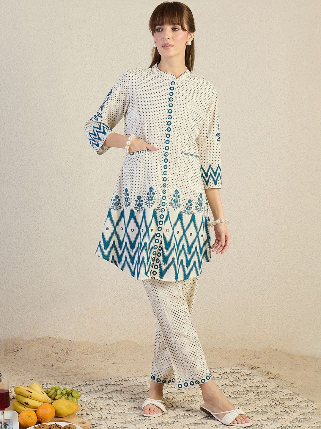 Ethnic Motifs Printed Thread Work Mandarin Collar A-Line Kurta With Trousers