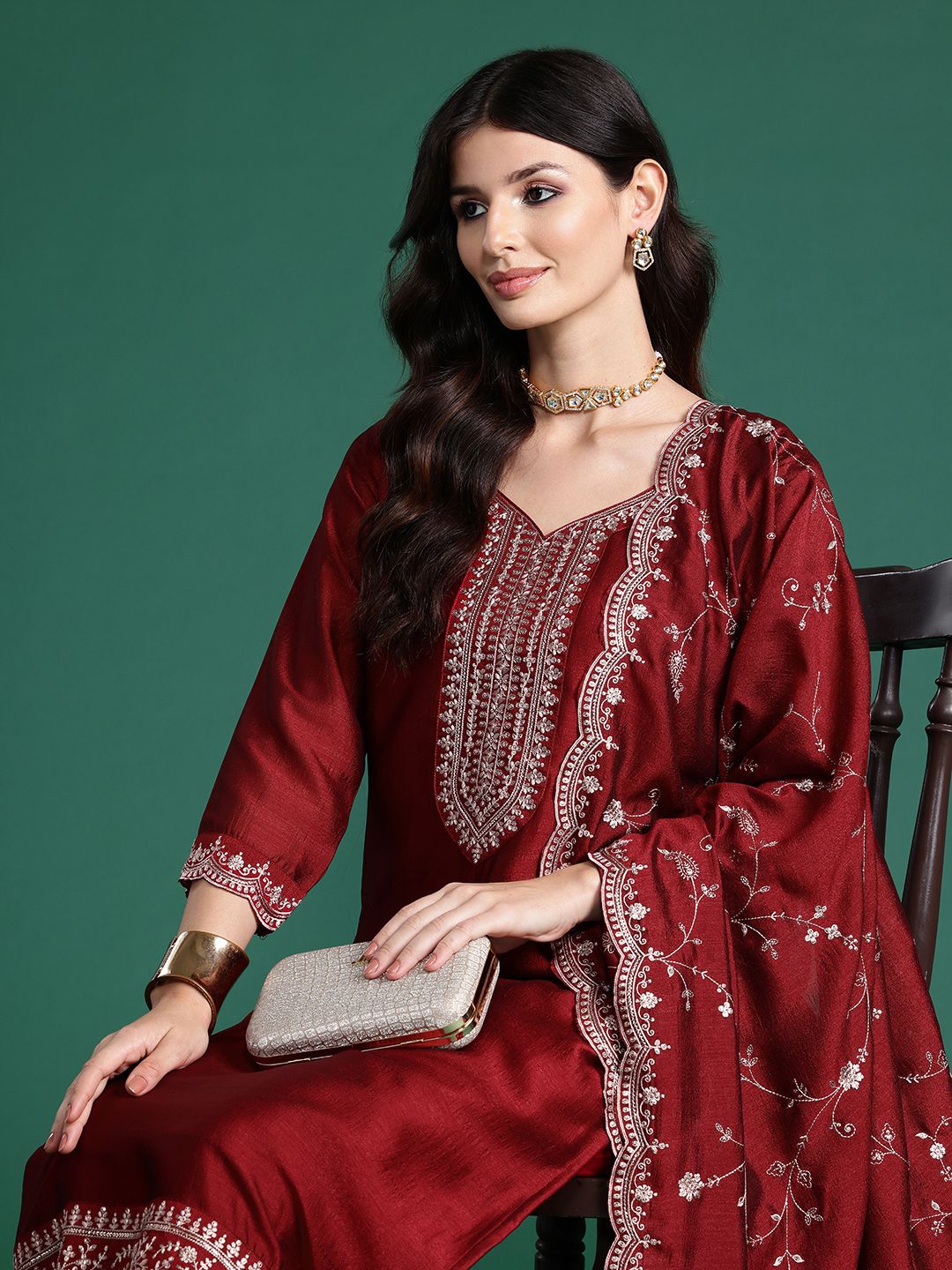 Dhiyona IE Ethnic Motifs Embroidered Sequinned Kurta with Trousers & Dupatta