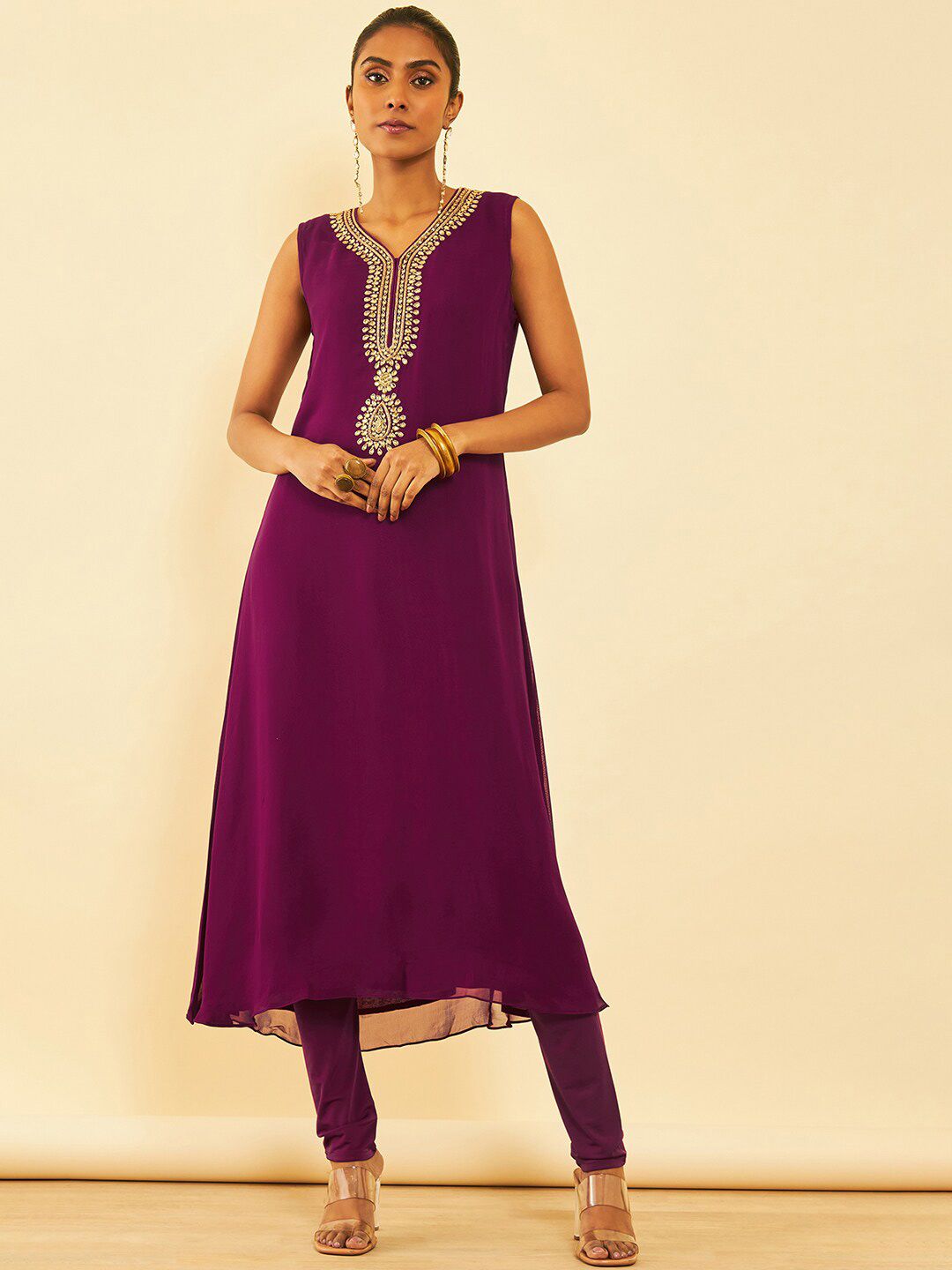 Dhiyona SO Women's Magenta Embroidered Regular Beads and Stones Kurta with Churidar & Dupatta