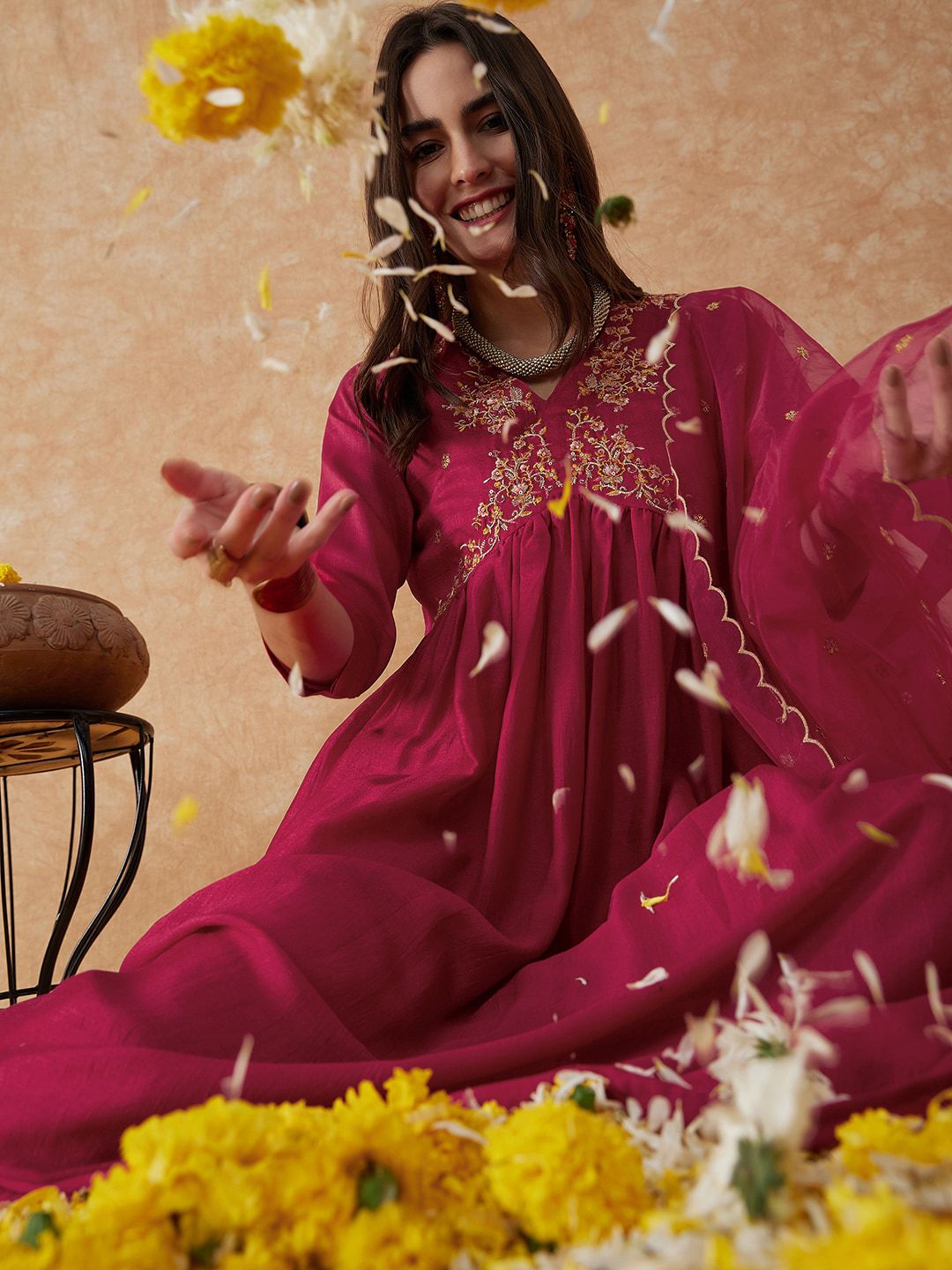 Dhiyona SN Women's Embroidered Anarkali Kurta With Palazzo & Dupatta Set