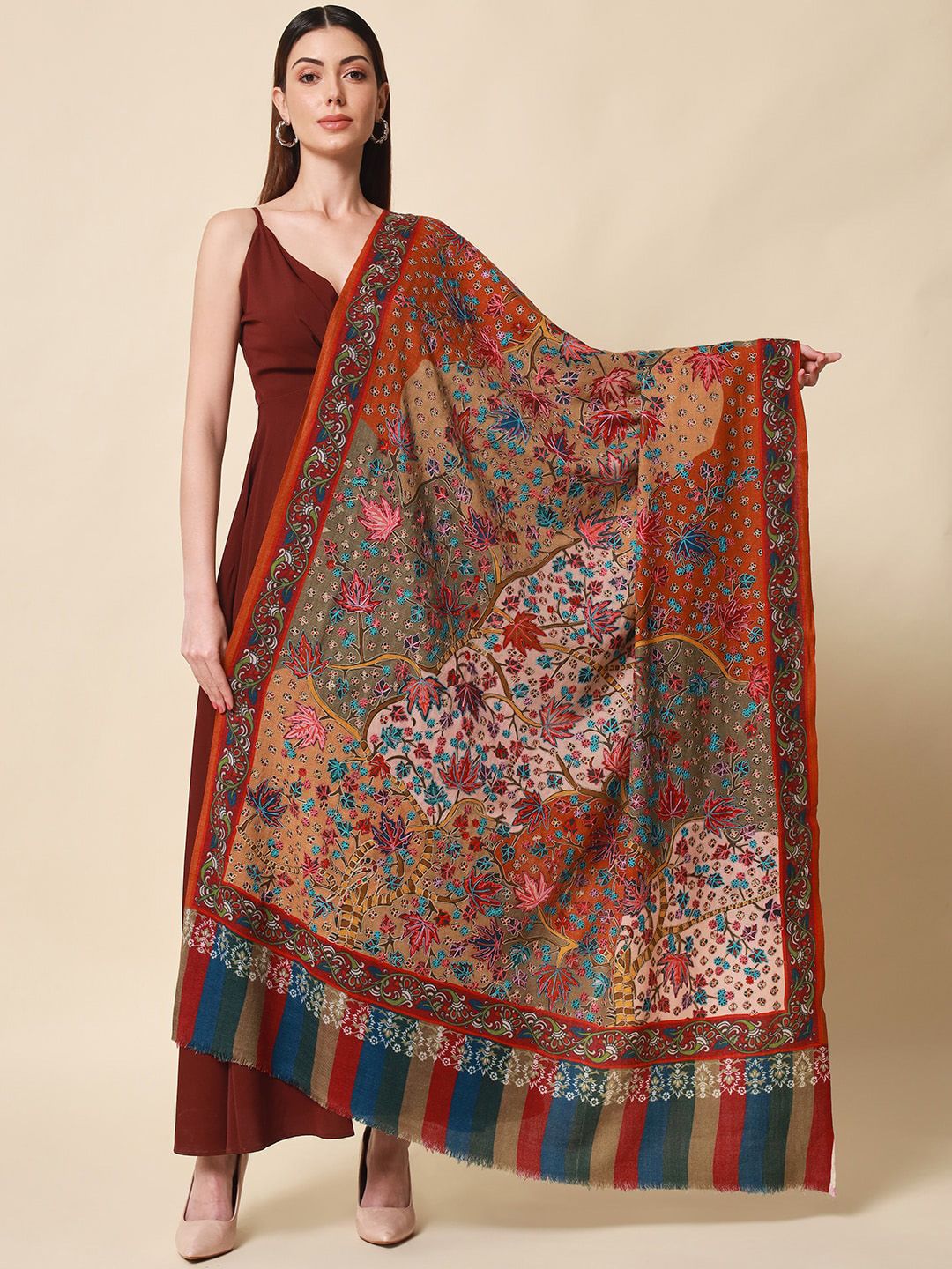 Dhiyona PA Women Beige Embroidered Pure Wool Shawl