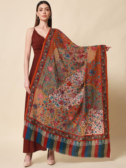 Dhiyona PA Women Beige Embroidered Pure Wool Shawl