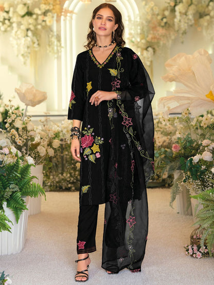 Floral Embroidered Thread Work Straight Kurta With Trousers And Dupatta