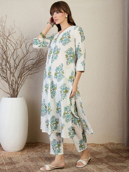 Floral Printed V Neck A Line Pleated Pure Cotton Kurta With Trousers