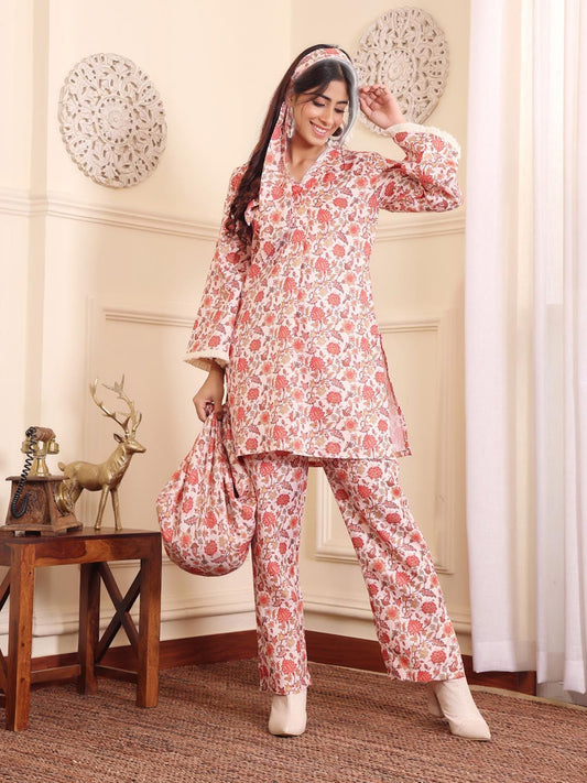 Dhiyona VA Women'sOff White Floral Printed V-Neck Flared Sleeves Straight Kurta With Trousers
