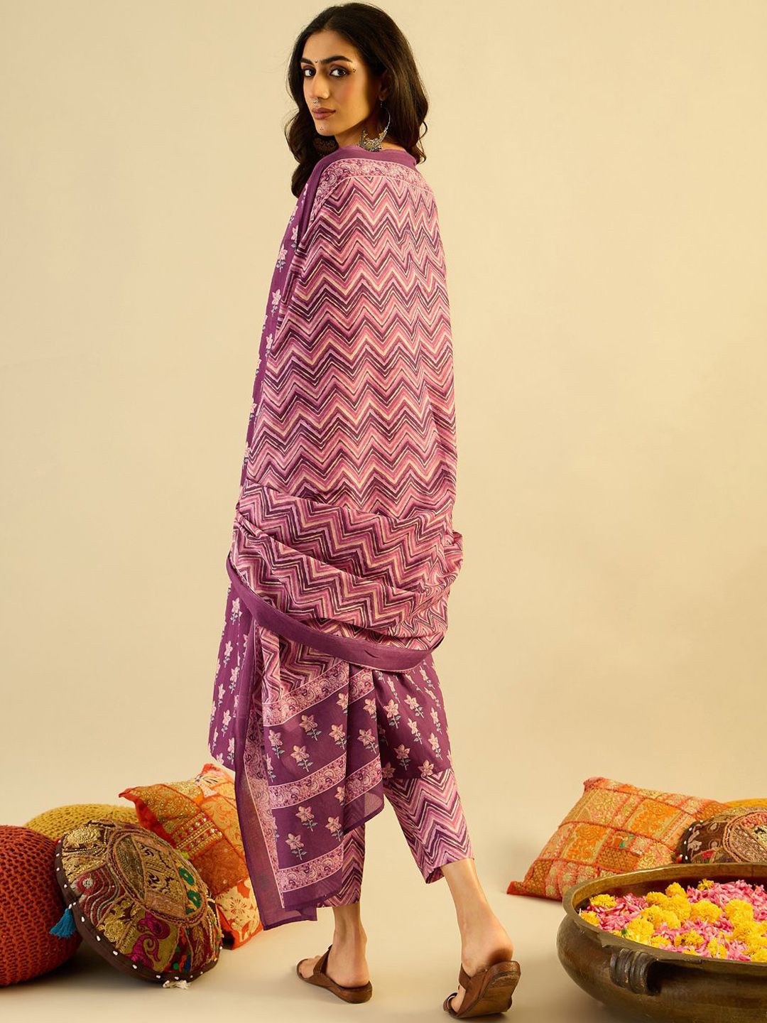 Purple Floral Printed V-Neck Pure Cotton Straight Kurta with Trousers & Dupatta