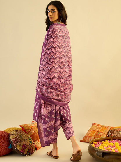 Purple Floral Printed V-Neck Pure Cotton Straight Kurta with Trousers & Dupatta