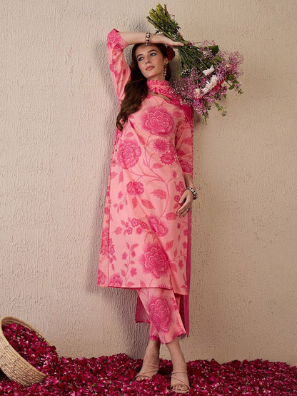 Dhiyona IE Women Floral Printed Regular Pure Cotton Kurta with Trousers & With Dupatta