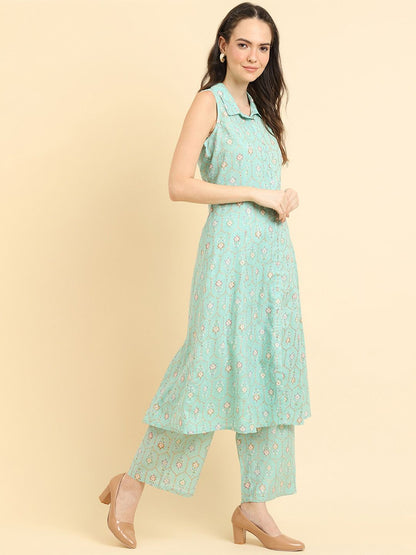 Dhiyona VA Women'sEthnic Motifs Printed Panelled Kurta with Trousers