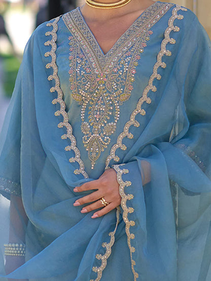 Ethnic Motifs Embroidered Sequinned Straight Kurta With Trousers & Dupatta