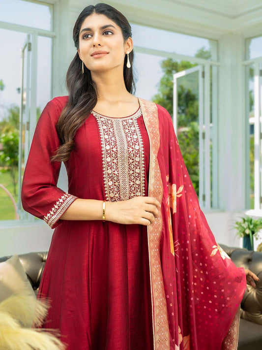 Ethnic Motifs Embroidered Sequinned A Line Kurta With Trousers & Dupatta