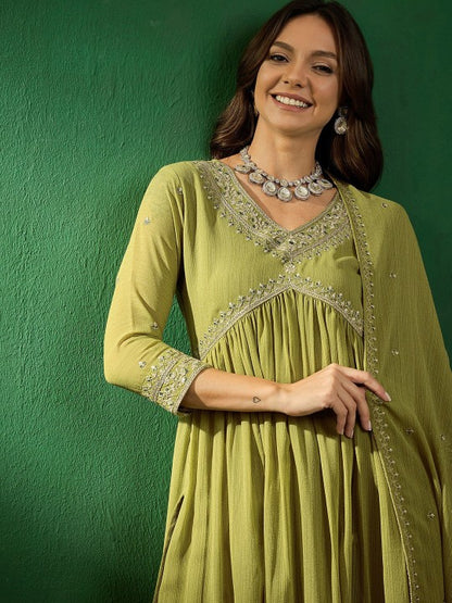 Women's Embroidered V-Neck Kurta With Trousers & Dupatta