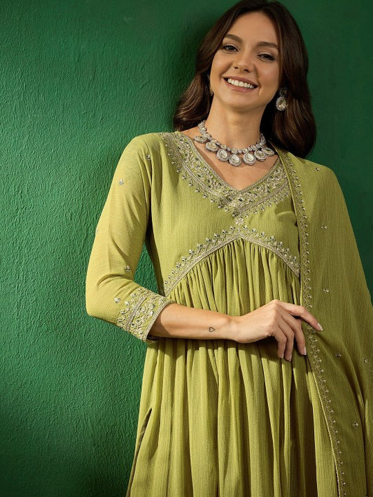 Women's Embroidered V-Neck Kurta With Trousers & Dupatta