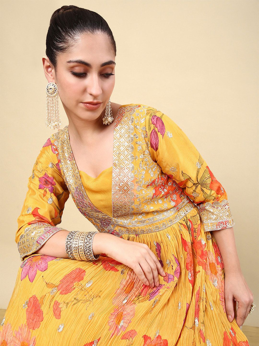 Dhiyona SO Women's Women Floral Embroidered Pleated Sequinned Kurta with Churidar & With Dupatta