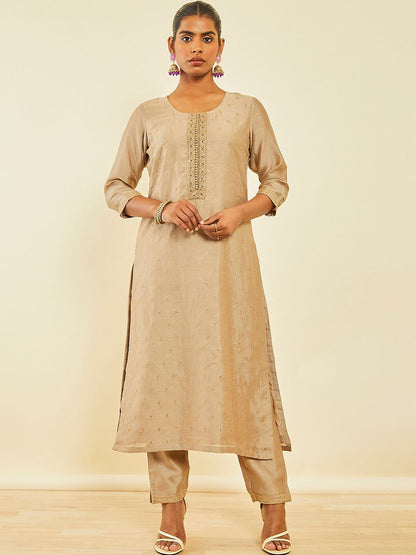 Dhiyona SO Women's Ethnic Motifs Embroidered Sequinned Detail Straight Kurta & Trousers With Dupatta