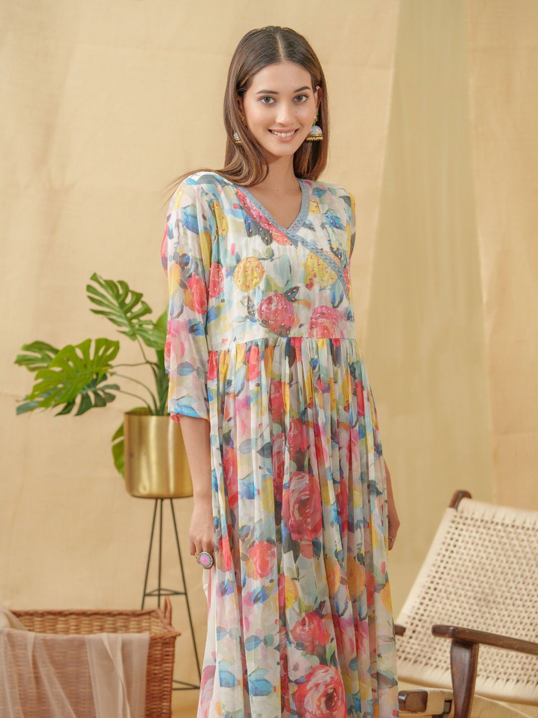 Dhiyona IS Women's V-Neck Floral Printed Angrakha Kurta with Palazzos & Dupatta